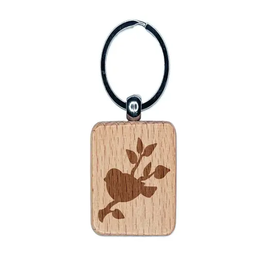 Bird Sitting on a Tree Branch Engraved Wood Square Keychain Tag Charm {1}