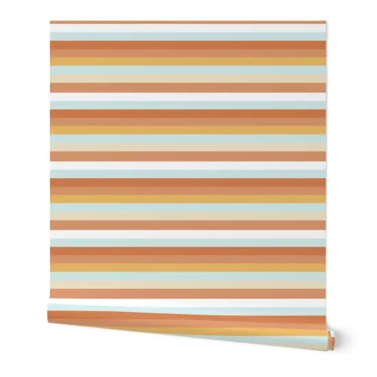 Peel & Stick Wallpaper 2FT Wide Orange Stripes Coastal Chic Beach House Retro Surfer West Cost Surf Ocean Horizontal Stripes. Custom Removable Wallpaper by Spoonflower {7}