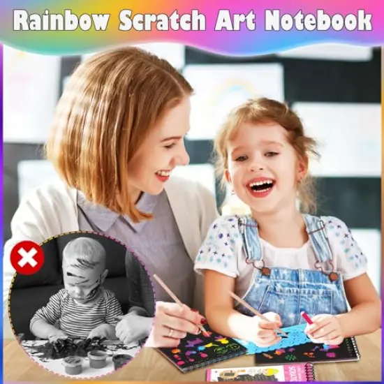 16 Pieces Drawing Notebook Set, Scratch Art Paper Rainbow Mini Notes, Sketch Drawing Pad for Kids Party Favors（with 16 Wooden Stylus & 4 Drawing Stencils） {3}