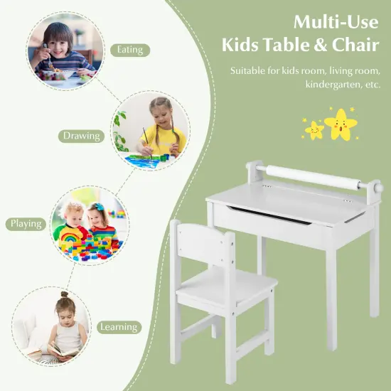 Wooden Kids Table and Chair Set with Storage and Paper Roll Holder White {6}
