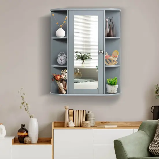 Bathroom Single Door Shelves Wall Mount Cabinet with Mirror Grey {6}