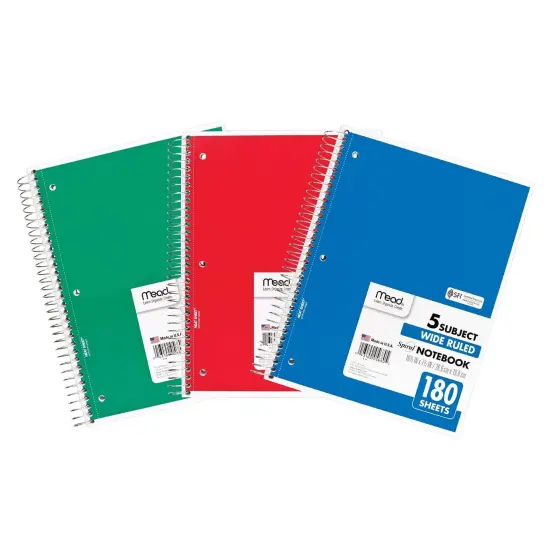 Spiral 5 Subject Notebook, Wide Ruled, 180 Sheets Per Book, Pack of 3 {1}