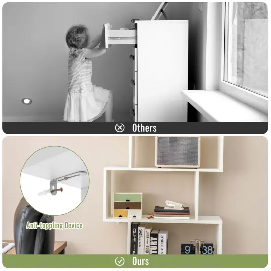 Engineered Wood S-Shaped Bookshelf with Cabinet and Doors White {4}