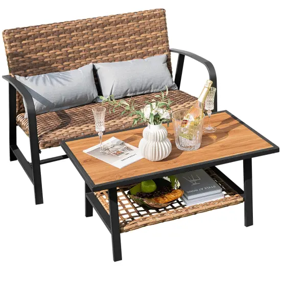 2 Pieces Patio Rattan Coffee Table Set with Shelf {4}