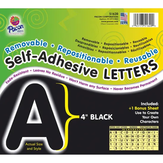 Self-Adhesive Letters, Black, Puffy Font, 4", 78 Characters Per Pack, 2 Packs {2}