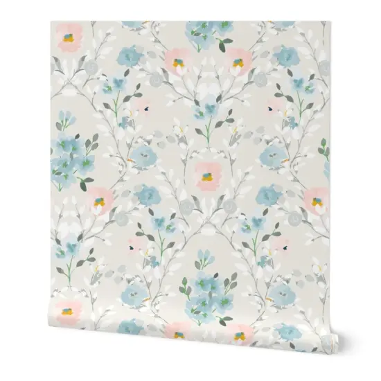 Peel & Stick Wallpaper 2FT Wide Romantic Floral Blue Gray Pink Watercolor Flowers Custom Removable Wallpaper by Spoonflower {7}
