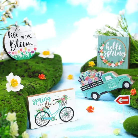 4 Pieces Easter Tiered Tray Decorations Hello Spring Decorations for Home Happy Easter Sign Bunny Farm Fresh Truck Wooden Centerpiece Table Signs for Indoor Home Kitchen Decor(Car Style) {4}