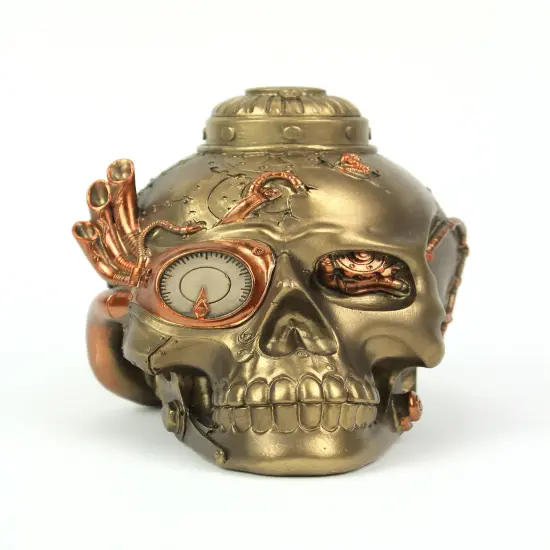 Antique Bronze Finish Retro-Futuristic Steampunk Human Skull Tabletop Statue {4}