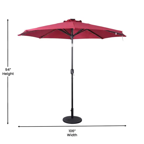 Merrick Lane Kinsley 9 FT Solar Patio Umbrella with LED Lights, Crank Handle and Push Button Tilt Red {4}