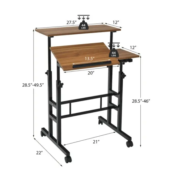 Height Adjustable Computer Desk with 2 Tilting Workstation and 4 Smooth Rolling Lockable Casters Walnut {5}