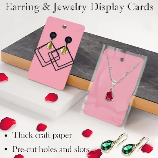 Pink Earring Cards for Selling Set with 100 Pieces Earring Display Cards, 200 Pieces Earring Backs and 100Pcs Jewelry Packaging Bag for Earrings Necklace Jewelry Display (3.5" x 2.3" Inches) {5}