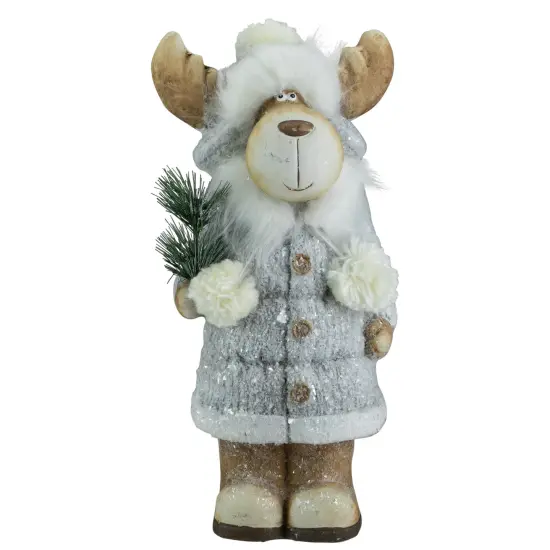 Northlight Frosted Ceramic Moose in Winter Coat Holding Pine Sprigs Christmas Figure - 18" Brown {1}