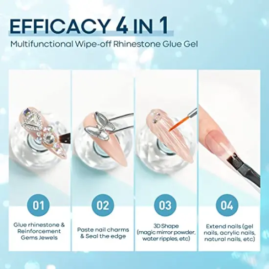 4 Pieces Set Rhinestone Glue for Nail, No Wipe Nail Gem Glue, Super Strong Adhesive Glue Gel with Nail Charms & Dual-Use Nail Brush for Nail Rhinestones/Nail Jewelry/Nail Diamonds {5}