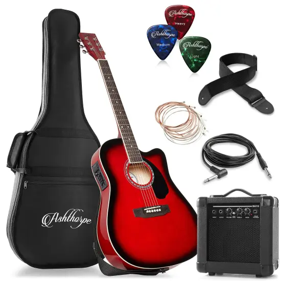 Ashthorpe Full-Size Thinline Cutaway Acoustic Electric Guitar Package with 10 Watt Amp {1}