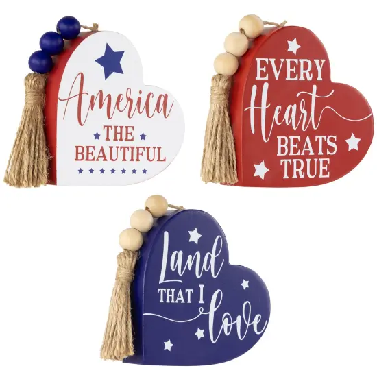 Northlight Patriotic Hearts with Beaded Tassels Wooden Signs - 3.75" - Set of 3 Red {4}