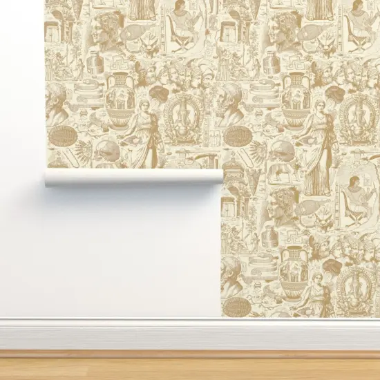Pre-Pasted Wallpaper 2FT Wide Brown Toile History Egypt Classical Archaeology Anthropology Rome Greece Excavation Archaeologist Grecco Roman Ancient Mesopotamia Large Scale Custom Pre-pasted Wallpaper by Spoonflower {2}