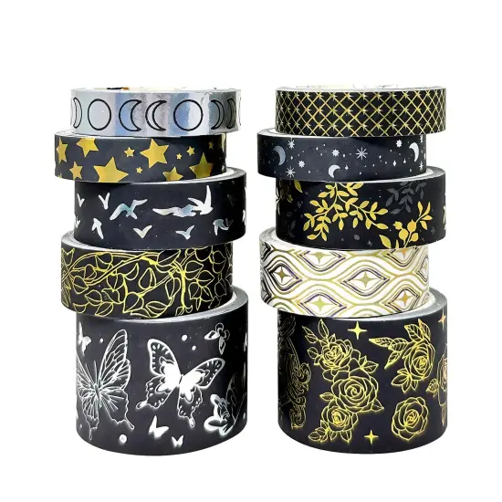 Wrapables Decorative Gold Foil Washi Tape Box Set for Arts & Crafts, Scrapbooking, Stationery, Diary (10 Rolls) Midnight {1}