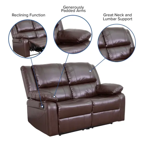Emma and Oliver Bustle Back Loveseat with Two Built-In Recliners Brown LeatherSoft {2}