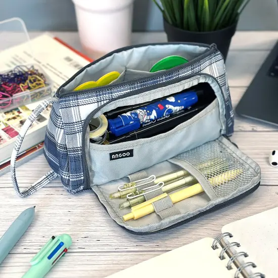 Wrapables Large Capacity Pencil Case, Portable Pencil Pouch for Stationery Office Supplies Plaid Blue {4}