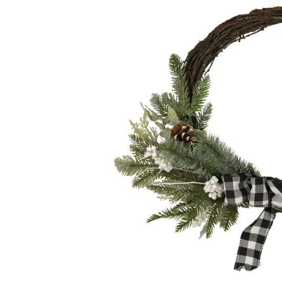 Northlight Plaid Bow and Winter Foliage Artificial Christmas Twig Wreath - 23-inch, Unlit Brown {5}