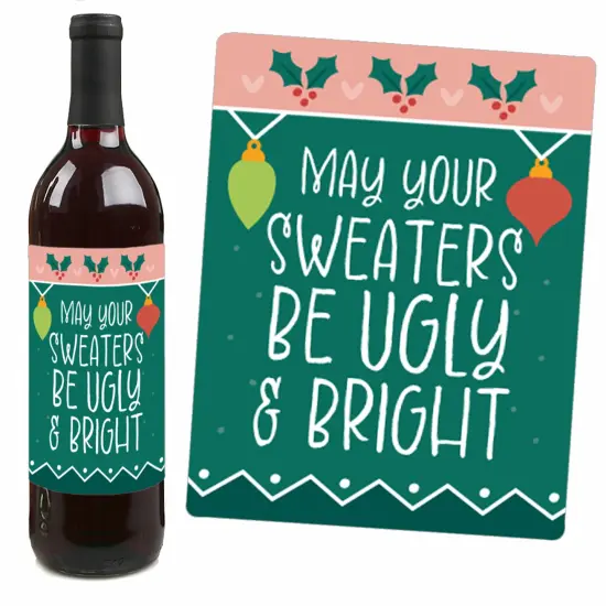 Big Dot of Happiness Colorful Christmas Sweaters - Ugly Sweater Holiday Party Decorations for Women and Men - Wine Bottle Label Stickers - Set of 4 {4}