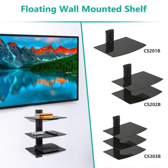 Floating Entertainment Center Shelves, Holds Up to 17.6lbs, TV Shelf with Strengthened Tempered Glasses for DVD Players, Cable Boxes, Games Consoles, TV Accessories (CS303B), 3 Shelf, Black {5}