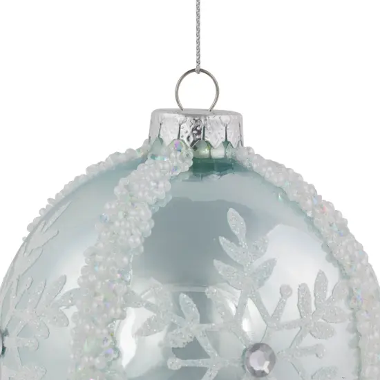 Northlight Glitter Snowflakes Beaded Christmas Glass Ball Ornaments - 4" - Ice Blue - Set of 2 {5}