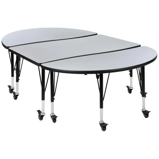 Emma and Oliver 3PC Mobile 76" Oval Wave Collaborative Grey Kids Adjustable Activity Table Set {2}