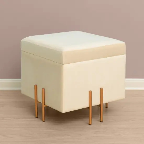 Square Velvet Storage Ottoman with Rose Gold Legs Ivory {2}