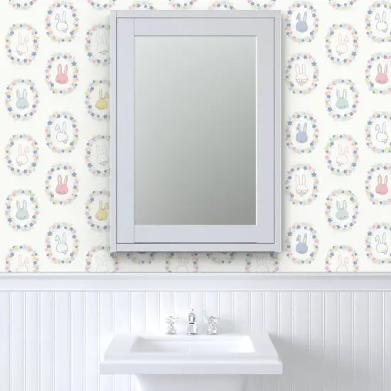 Peel & Stick Wallpaper 2FT Wide Easter Bunnies Pastel Floral Spring Flowers Periwinkle Lilac Blue Pink Ivory Garden Hand Drawn Whimsical Rabbits Custom Removable Wallpaper by Spoonflower {6}