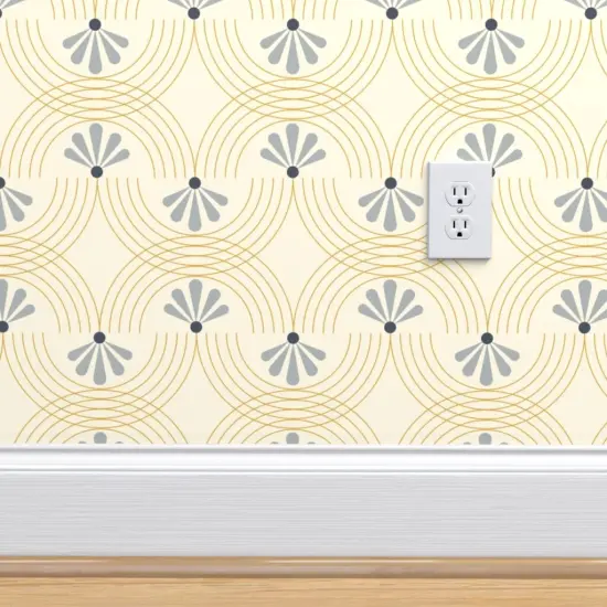 Pre-Pasted Wallpaper 2FT Wide Retro Floral Yellow Swirls Blue Gray Deco Flowers Custom Pre-pasted Wallpaper by Spoonflower {4}