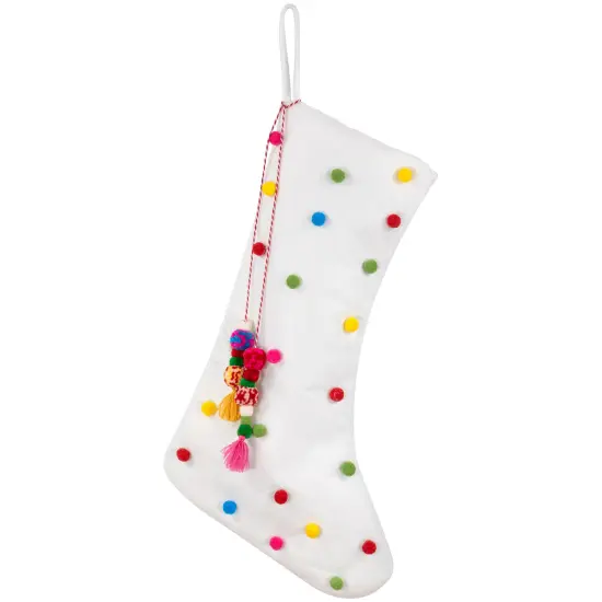 Northlight 20" White Christmas Stocking with Multicolor Pom-Poms and Tassels {1}