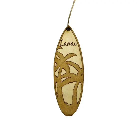 Ornament - Lanai Palm Tree Surfboard - Raw Wood Maple {1}