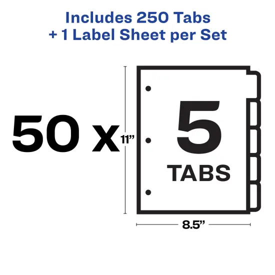 Avery 5 Tab Dividers for 3 Ring Binder, Easy Print & Apply Clear Label Strip, Index Maker Customizable White Tabs, 50 Sets (11556) {5}