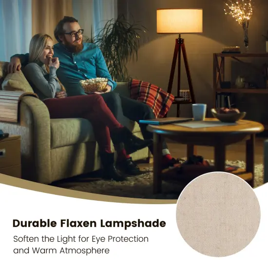 Brown Rubber Wood Linen Tripod Floor Lamp with Shelf and E26 Socket for Living Room and Bedroom {5}