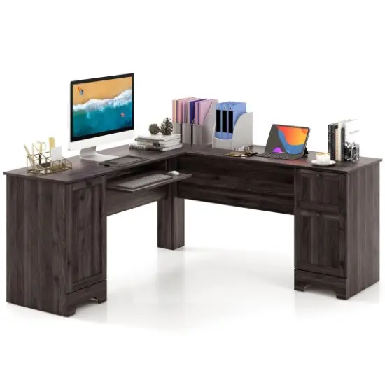 L-Shaped Office Desk with Storage Drawers and Keyboard Tray Dark Brown {3}