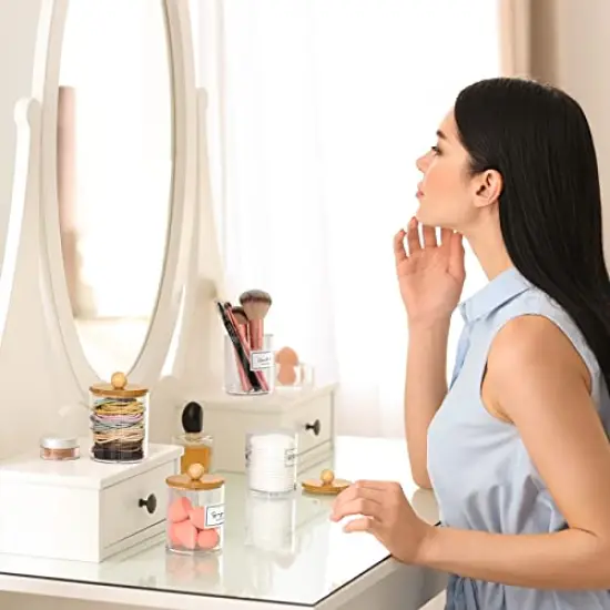 4 Pack Qtip Holder Dispenser with Bamboo Lids - 10 oz Clear Plastic Apothecary Jar Containers for Vanity Makeup Organizer Storage - Bathroom Accessories Set for Cotton Swab, Ball, Pads, Floss {3}