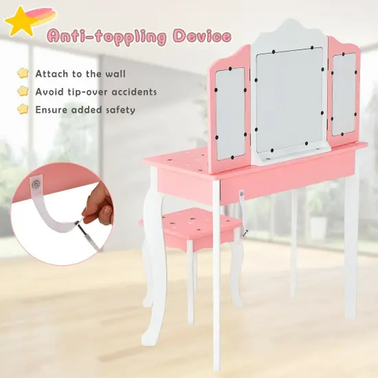 Kids Vanity Princess Makeup Dressing Table Chair Set with Tri-folding Mirror White {7}