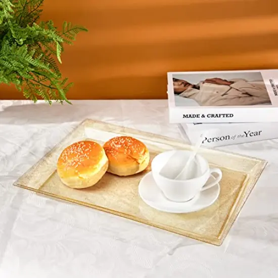 6 Pieces Gold Glitter Plastic Serving Tray, 15" x 10" Crooked Food Trays, Clear Disposable Serving Platter for Parties, Weddings {6}