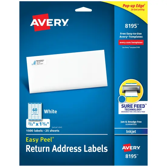 Avery Easy Peel Return Address Labels, Sure Feed Technology, Permanent Adhesive, 2/3" x 1-3/4", 1,500 Labels (8195) {1}