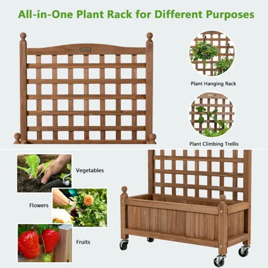 32in Wood Planter Box with Trellis Mobile Raised Bed for Climbing Plant {4}