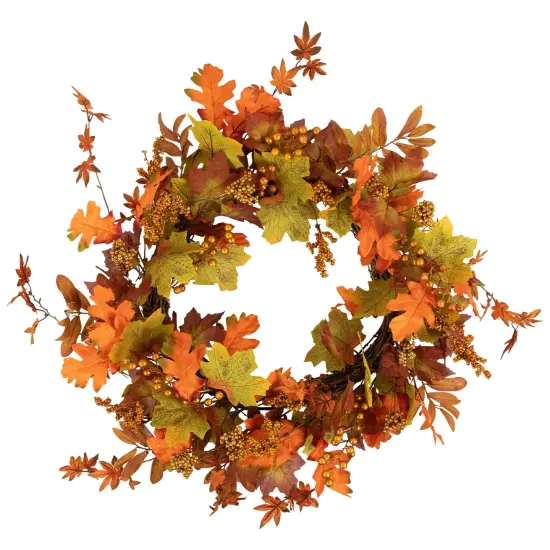 Northlight Gold Berries and Autumn Leaves Fall Harvest Artificial Twig Wreath - 22" - Unlit Orange {1}