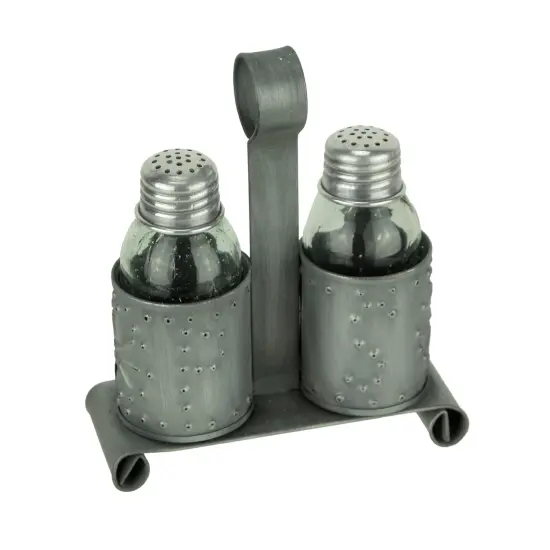 Primitive Perforated Tin and Glass Salt and Pepper Shaker Set Dining Table Decor {1}