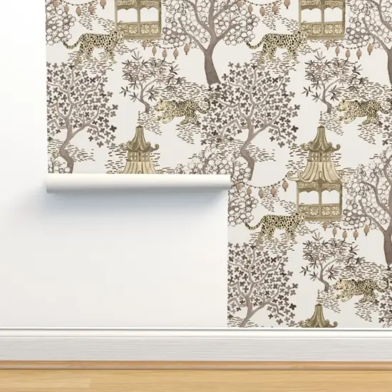 Pre-Pasted Wallpaper 2FT Wide Chinoiserie Pagoda Leopard Print Watercolor Neutral Brown Cream Large Scale Custom Pre-pasted Wallpaper by Spoonflower {2}