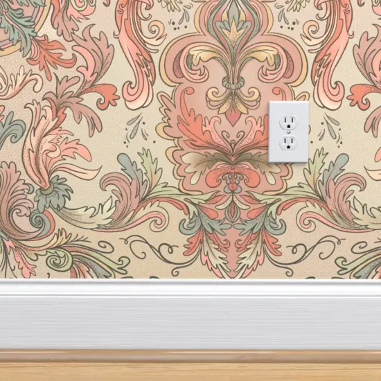 Peel & Stick Wallpaper 2FT Wide Pink Florla Teal Wallpaper Angels Italian Coral Baroque Ancient Acanthus Rococo Rosette Large Scale Custom Removable Wallpaper by Spoonflower {4}