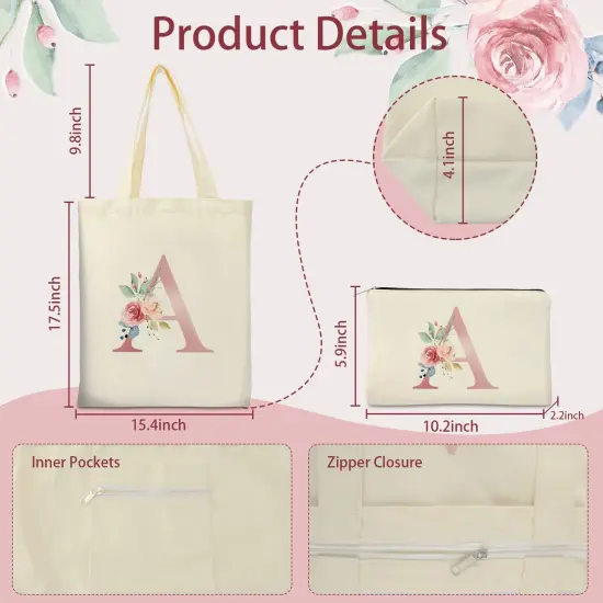 Initial Canvas Tote Bag with Zipper Pockets,Personalized Totes for Women Bridesmaids Teacher,Cosmetic Makeup Bag,Monogrammed Gifts for Wedding Birthday (Letter A) {6}