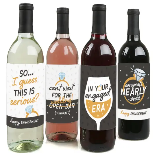 Big Dot of Happiness Just Engaged - Black and White - Engagement Party Decorations for Women and Men - Wine Bottle Label Stickers - Set of 4 {1}