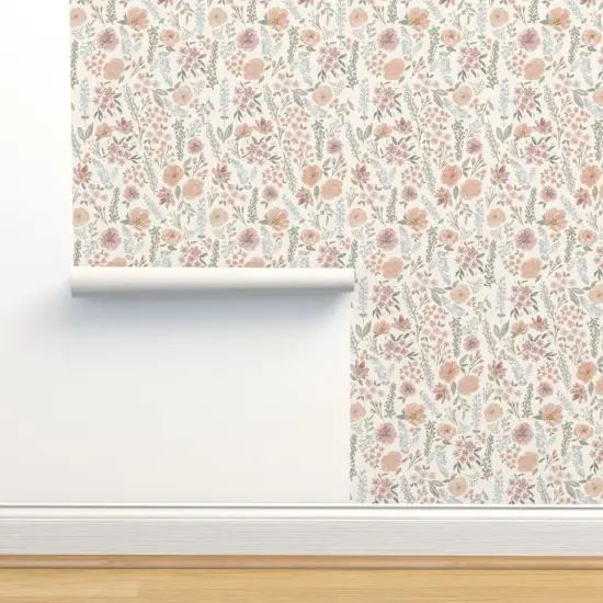 Peel & Stick Wallpaper 2FT Wide Blush Floral Muted Colors Sage Green Wildflower Meadow Feminine Custom Removable Wallpaper by Spoonflower {2}