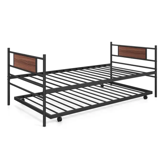 Twin Size Metal Daybed with Trundle and Wood Grain Headboard {1}