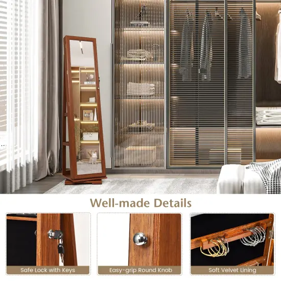 360&deg; Rotatable Armoire 2-in-1 Lockable Mirrored Jewelry Cabinet Brown {6}